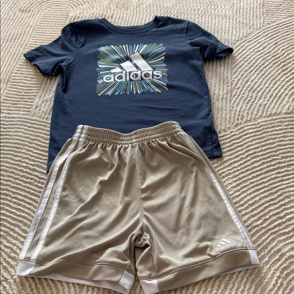 Adidas Blue Graphic Tee and Beige Shorts Set